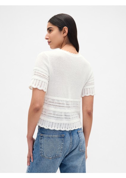 Kadın Beyaz Linen-Blend Pointelle Crop Kazak fırsatları