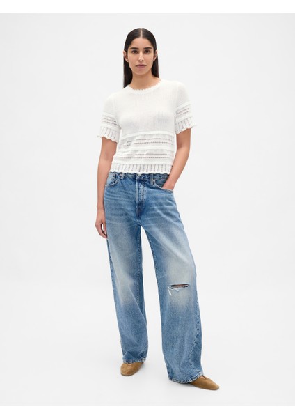 Kadın Beyaz Linen-Blend Pointelle Crop Kazak indirimleri