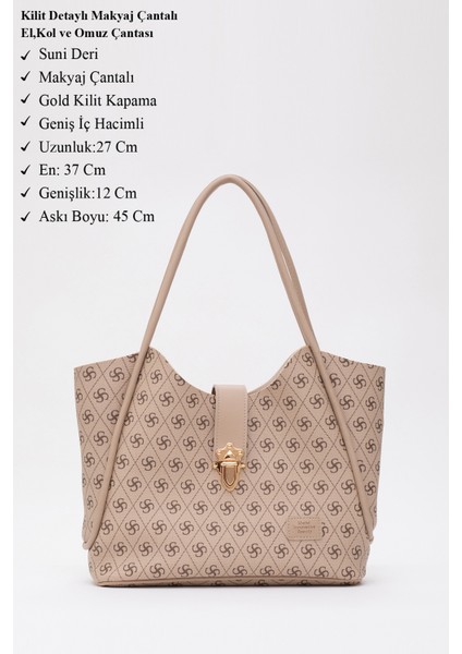 Monogram Baskılı Vizon SHK126 Suni Deri Kilit Detaylı Makyaj Çantalı El,kol ve Omuz Çantası modelleri