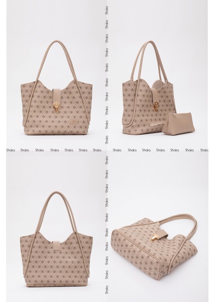 Monogram Baskılı Vizon SHK126 Suni Deri Kilit Detaylı Makyaj Çantalı El,kol ve Omuz Çantası