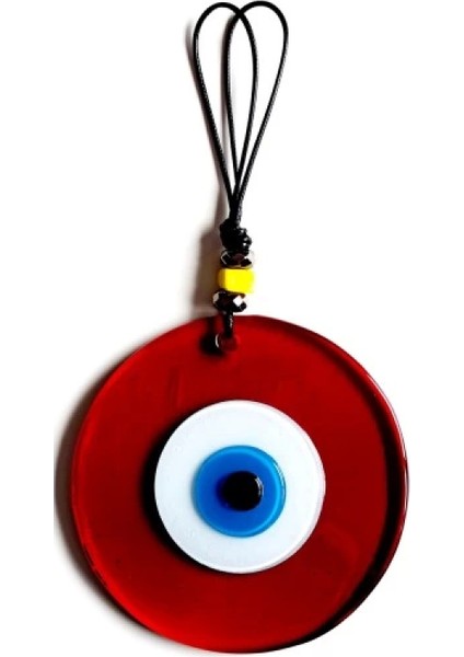 El Yapımı Vişne Kırmızısı Şeffaf Cam Nazarlık Deri Ipli Duvar Süsü