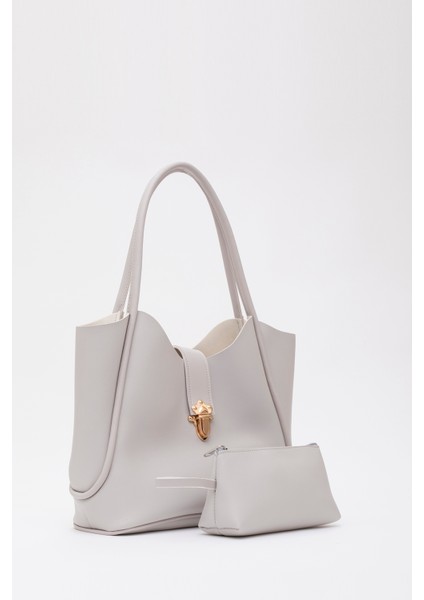 Gri SHK126 Suni Deri Kilit Detaylı Makyaj Çantalı El,kol ve Omuz Çantası