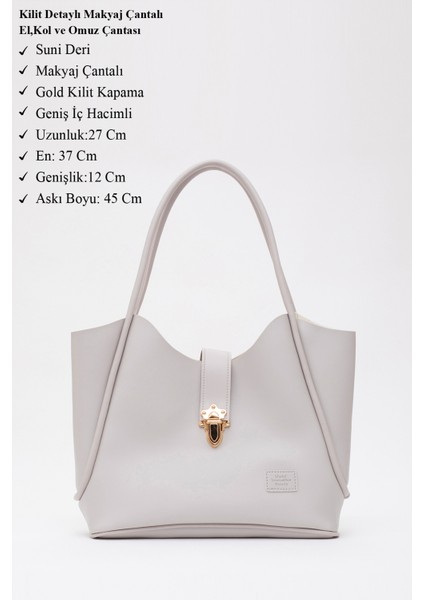 Gri SHK126 Suni Deri Kilit Detaylı Makyaj Çantalı El,kol ve Omuz Çantası modelleri