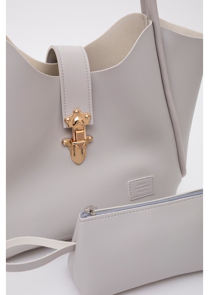 Gri SHK126 Suni Deri Kilit Detaylı Makyaj Çantalı El,kol ve Omuz Çantası