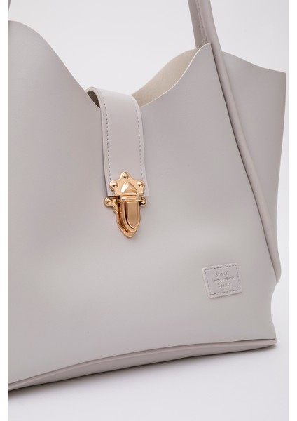 Gri SHK126 Suni Deri Kilit Detaylı Makyaj Çantalı El,kol ve Omuz Çantası