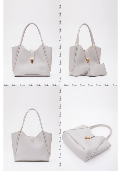 Gri SHK126 Suni Deri Kilit Detaylı Makyaj Çantalı El,kol ve Omuz Çantası