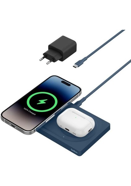 WIZ019VFBL-APL Boostcharge Pro 2‑in‑1 Magsafe 15W Kablosuz Şarj Standı - Mavi