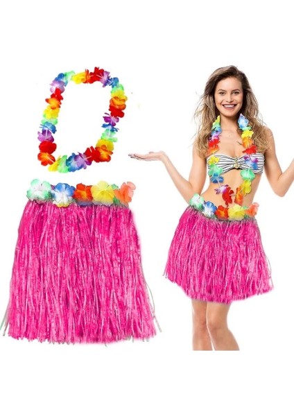 Hawaii Luau Aloha Pembe Püsküllü 40 cm Etek ve Hawaii Kolye Seti
