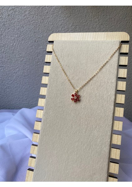 Çelik Kırmızı Çiçekli Gold Kolye modelleri