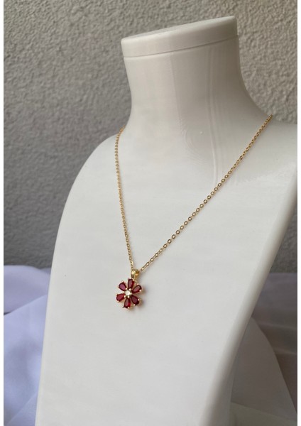 Çelik Kırmızı Çiçekli Gold Kolye fırsatları