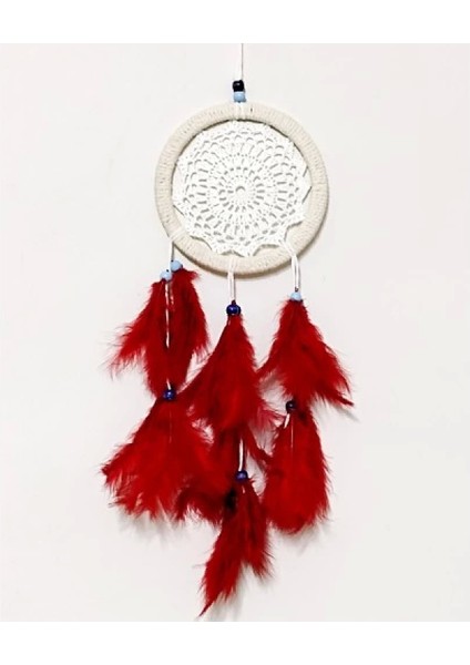 Kırmızı Kuş Tüylü Dream Catcher El Yapımı Düş Kapanı Duvar Süsü