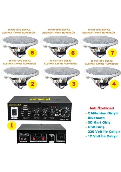 Tavan Hoparlör Seti (1 Adet Anfi + 6 Adet 100V 16 cm Tavan Hoparlör)