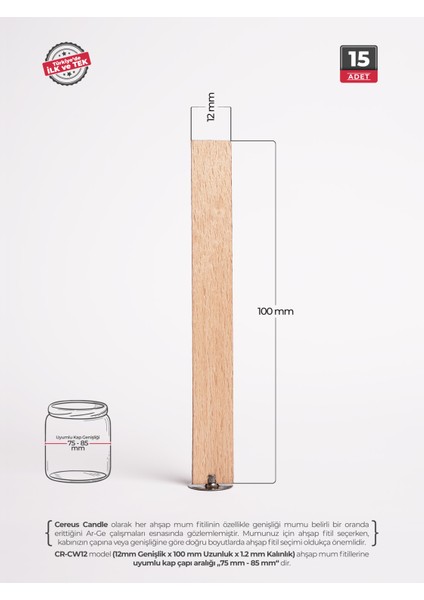 Ahşap Mum Fitili 12mm x 100mm x 1.2mm - 15 Adet | Yüksek Koku Performansı, Şömine Etkisi, Kişiye Özel Markalama fiyatları