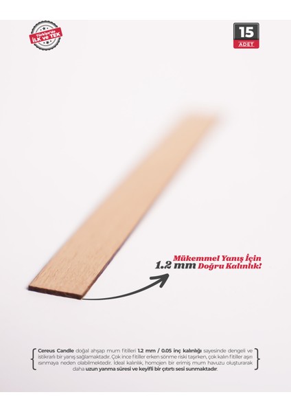 Ahşap Mum Fitili 12mm x 100mm x 1.2mm - 15 Adet | Yüksek Koku Performansı, Şömine Etkisi, Kişiye Özel Markalama modelleri