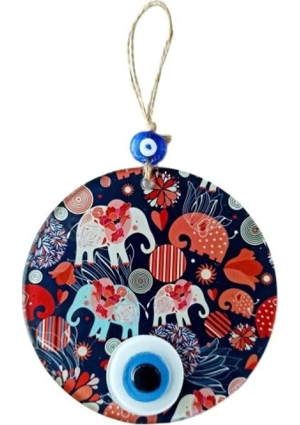 Nazar Boncuklu Fil Desenli Duvar Süsü Füzyon Cam Filli Duvar Dekoru