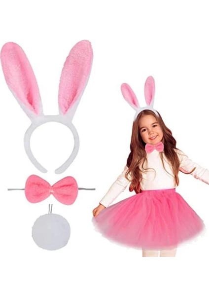 Pembe Tavşan Tacı Etek Papyon Kuyruk Kostüm Seti Çocuk Boy