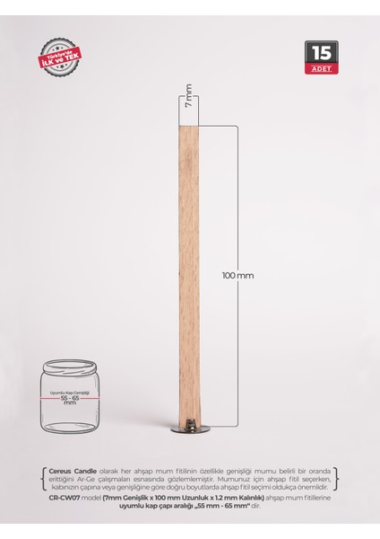 Ahşap Mum Fitili 7mm x 100mm x 1.2mm - 15 Adet | Yüksek Koku Performansı, Şömine Etkisi, Kişiye Özel Markalama fiyatları