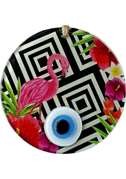 Pembe Flamingolu Çiçekli Nazar Boncuklu 15 Santimetre Çapında Duvar Süsü