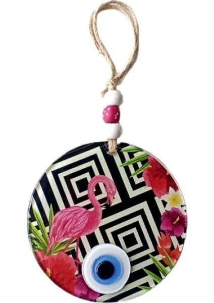 Pembe Flamingolu Çiçekli Nazar Boncuklu 15 Santimetre Çapında Duvar Süsü fiyatları