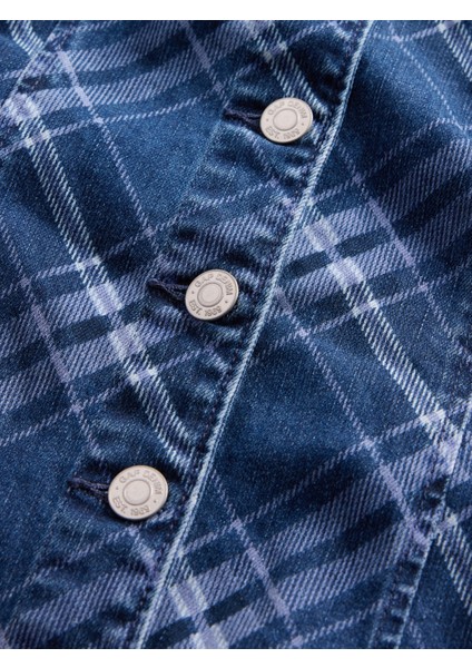 Kadın Mavi Kareli Denim V-Yaka Mini Elbise fiyatları