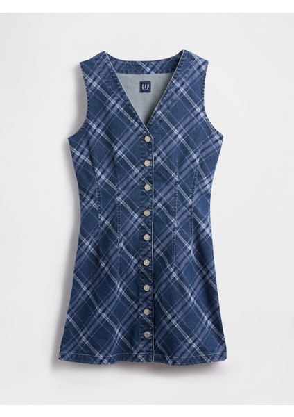 Kadın Mavi Kareli Denim V-Yaka Mini Elbise modelleri