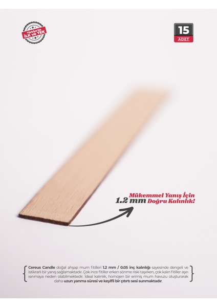 Ahşap Mum Fitili 15mm x 100mm x 1.2mm - 15 Adet | Yüksek Koku Performansı, Şömine Etkisi, Kişiye Özel Markalama modelleri