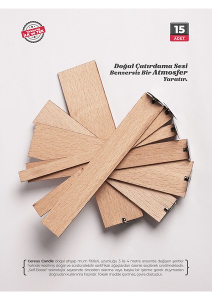 Ahşap Mum Fitili 15mm x 100mm x 1.2mm - 15 Adet | Yüksek Koku Performansı, Şömine Etkisi, Kişiye Özel Markalama indirimleri