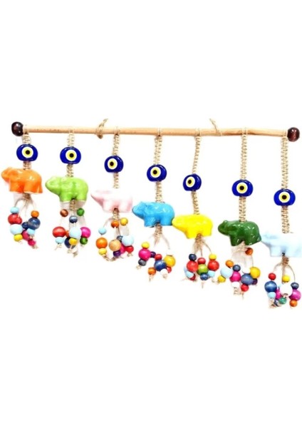 Seramik Yedi Adet Filli Nazar Boncuklu Rengarenk Tahta Boncuklu Kapı, Duvar ve Bahçe Süsü