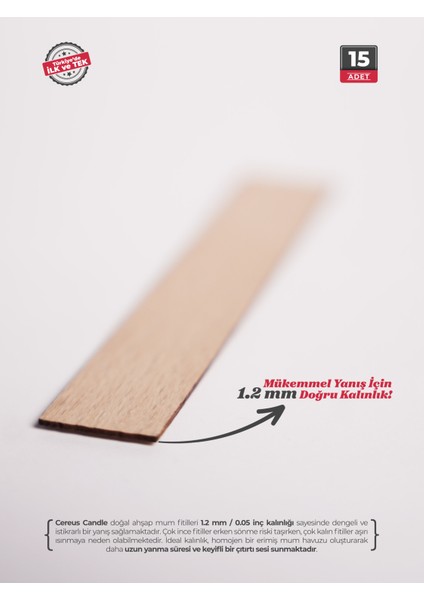 Ahşap Mum Fitili 18mm x 100mm x 1.2mm - 15 Adet | Yüksek Koku Performansı, Şömine Etkisi, Kişiye Özel Markalama modelleri