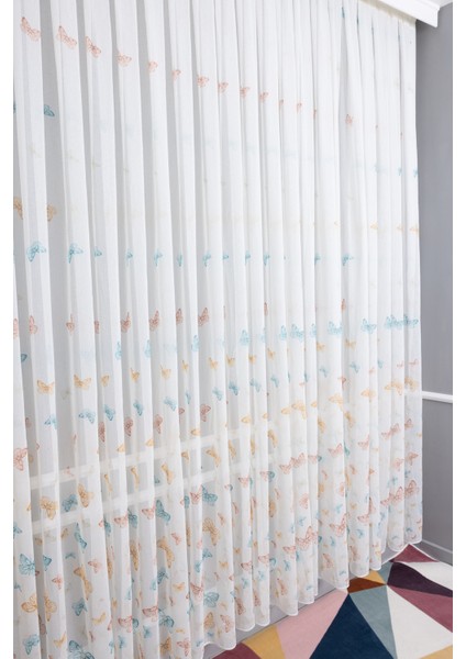 Renkli Kelebekli 1/3 Sık Pileli Ütü Istemez Yeni Sezon Çocuk Oda Tül Perdesi modelleri