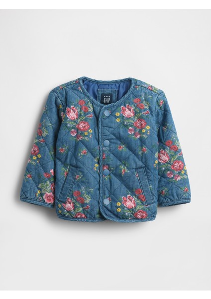 Bebek Mavi Denim Çiçek Desenli Kısa Ceket