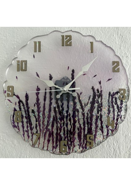 - Mor Çiçek Detaylı Şeffaf Epoksi Duvar Saati - 33 cm