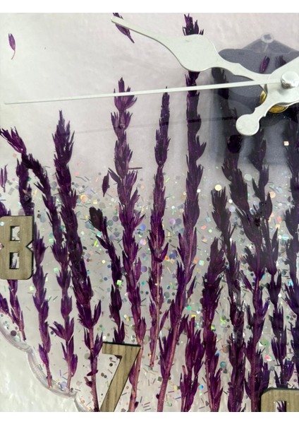 - Mor Çiçek Detaylı Şeffaf Epoksi Duvar Saati - 33 cm