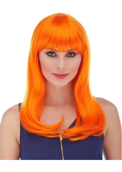 Turuncu Renk Uzun Düz Parti Peruğu