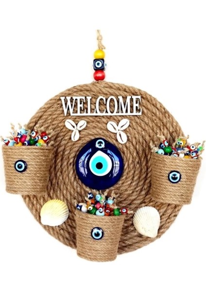 Üç Saksılı Welcome Yazılı Deniz Kabuklu Nazar Boncuklu Hasır Kapı Süsü