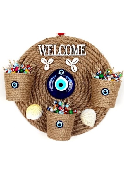 Üç Saksılı Welcome Yazılı Deniz Kabuklu Nazar Boncuklu Hasır Kapı Süsü fırsatları
