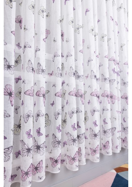 Mor Kelebekli 1/3 Sık Pileli Ütü Istemez Yeni Sezon Çocuk Oda Tül Perdesi