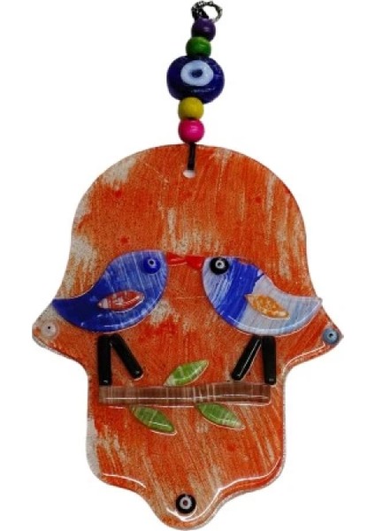 Turuncu Kuşlu Füzyon Cam Fatma Ana Eli Duvar Süsü Kapı Süsü