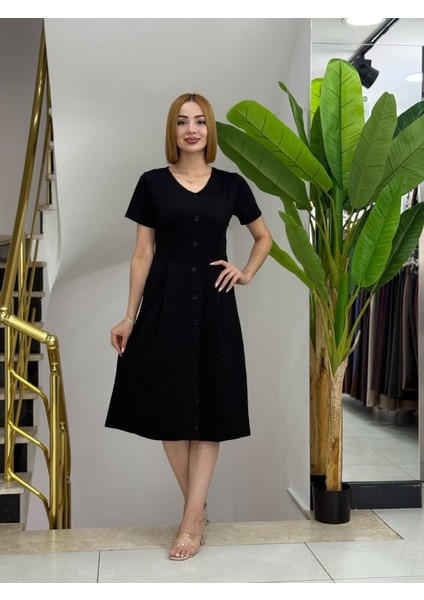 Kadın Kısa Kollu V Yakalı Önden Düğmeli A Kesim Dokuma Elbise