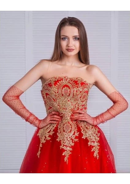 Uzun Boy Kırmızı Puantiyeli Kırmızı Renk Yetişkin Tül Eldiven fiyatları