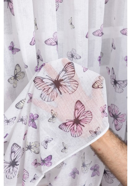 Mor Kelebekli 1/3 Sık Pileli Ütü Istemez Yeni Sezon Çocuk Oda Tül Perdesi