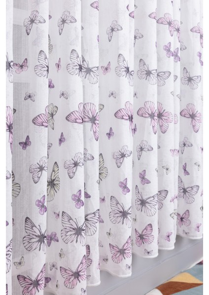 Mor Kelebekli 1/3 Sık Pileli Ütü Istemez Yeni Sezon Çocuk Oda Tül Perdesi