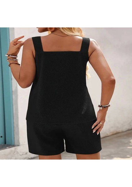 Kadın Askılı Yuvarlak Yaka Kuş Gözü Detaylı Bürümcük Bluz ve Short Ikili Takım modelleri