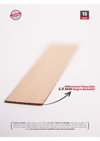 Ahşap Mum Fitili 25mm x 100mm x 1.2mm - 15 Adet | Yüksek Koku Performansı, Şömine Etkisi, Kişiye Özel Markalama modelleri