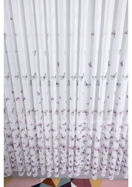 Mor Kelebekli 1/2.5 Normal Pileli Ütü Istemez Yeni Sezon Çocuk Oda Tül Perdesi