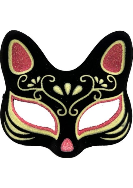 Siyah Süet Kırmızı Sarı Simli Kedi Maskesi
