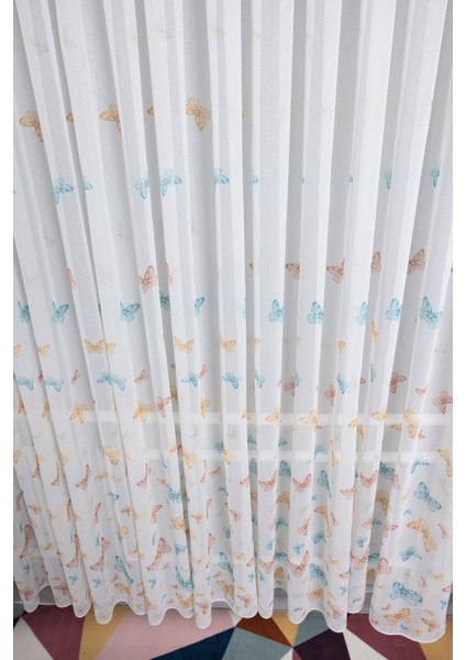 Renkli Kelebekli 1/2.5 Normal Pileli Ütü Istemez Yeni Sezon Çocuk Oda Tül Perdesi