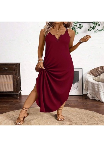 Kadın Askılı Yuvarlak Yaka Asimetrik Detaylı Viskon Elbise