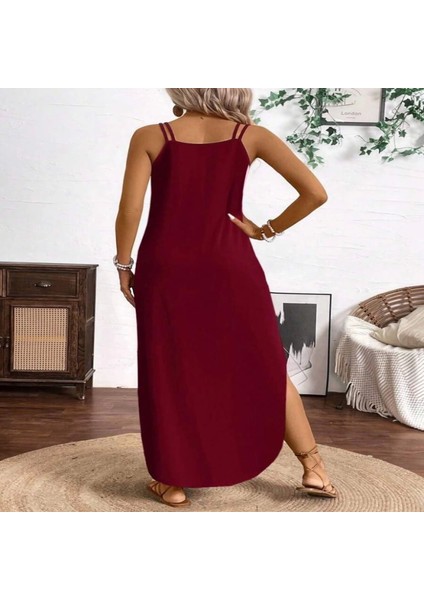 Kadın Askılı Yuvarlak Yaka Asimetrik Detaylı Viskon Elbise modelleri