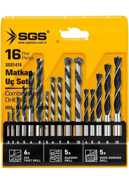 16 Parça Ahşap, Metal ve Beton Matkap Ucu Seti, Profesyonel Delme Takımı, Model SGS1418